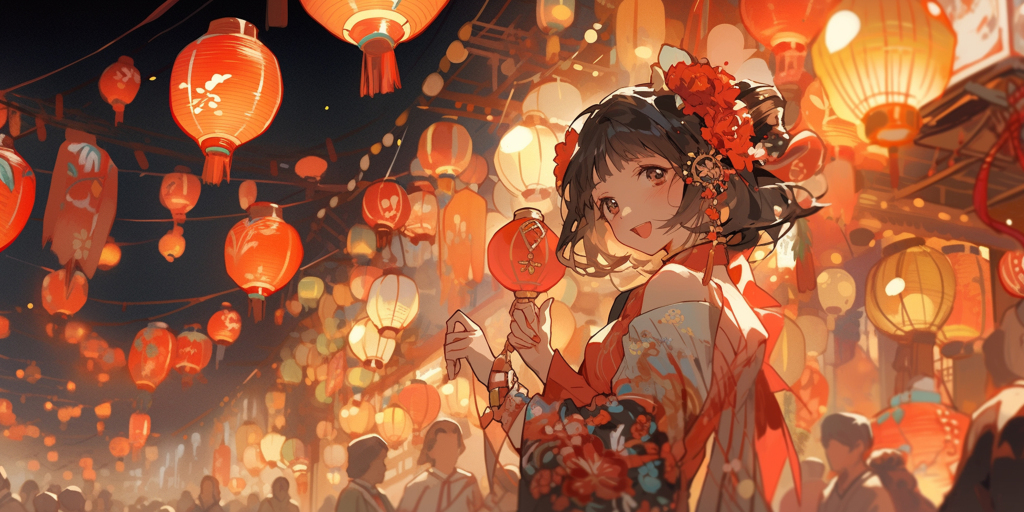 灯笼下的可爱女孩素材图片