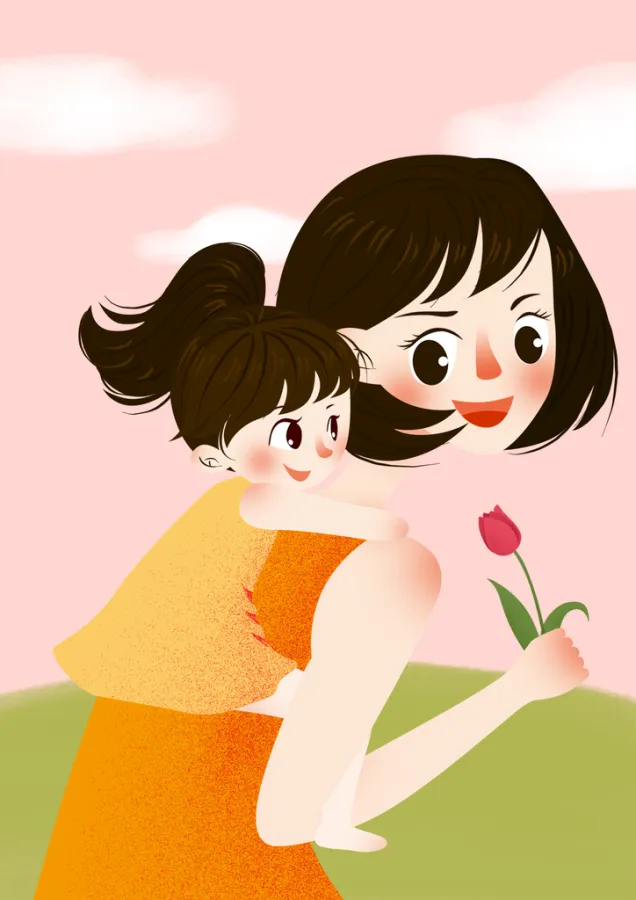 妈妈背着我手绘卡通母亲节插画