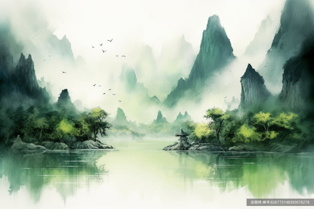 中式青山绿水创意插画png下载_编号626773148393676278-设图网