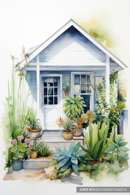 绿植房屋花园植物艺术水彩建筑画作插画png下载_编号634720535074443314-设图网