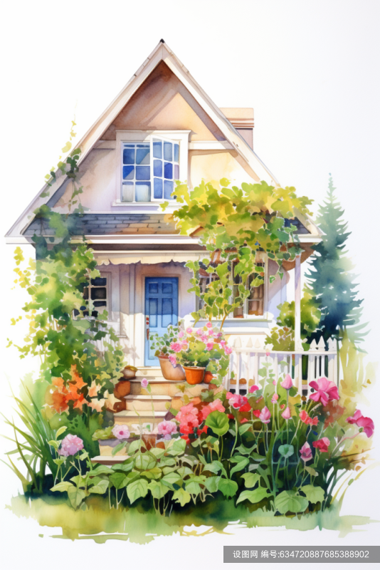 绿植房屋花园植物艺术水彩建筑画作插画png下载_编号634720887685388902-设图网