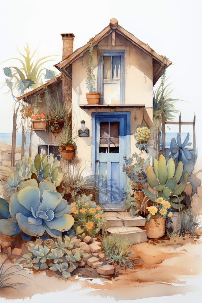 绿植房屋花园植物艺术水彩建筑画作插画