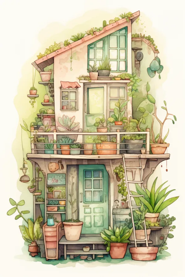 绿植房屋艺术水彩建筑画作插画