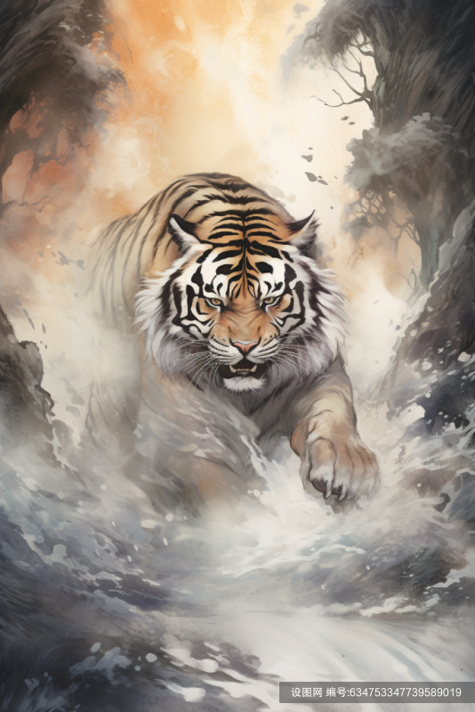 猛兽森林之王老虎云雾艺术画作背景图png下载_编号634753347739589019-设图网