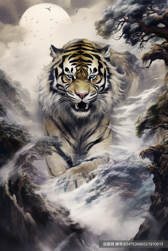 猛兽森林之王老虎云雾艺术画作背景图png下载_编号634753686521910613-设图网