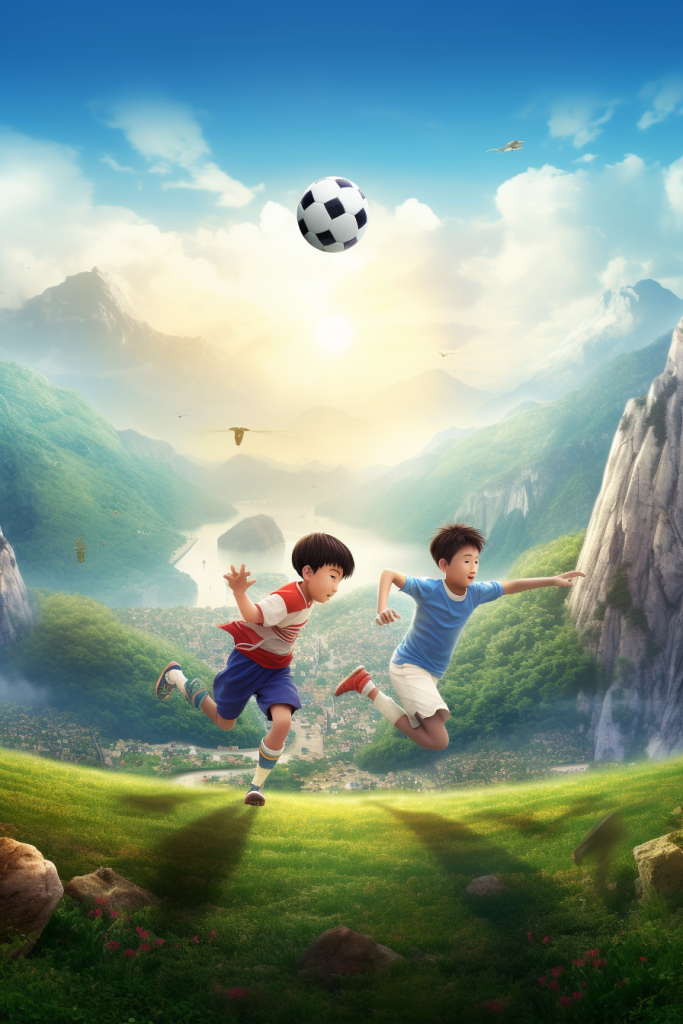 蓝天白云运动体育男孩踢足球3D模型图