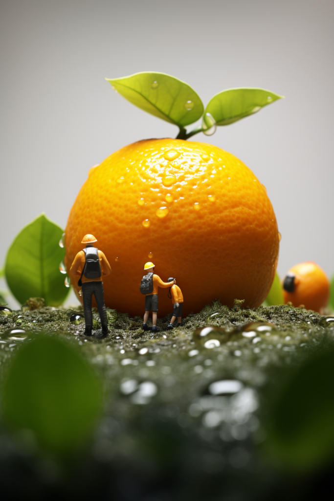 微缩景观小人水果柑橘劳作摄影图