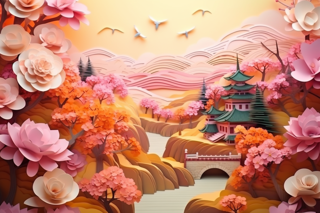 国潮长城地标剪纸风插画