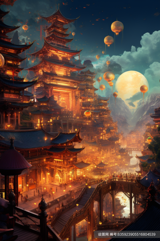 云雾缭绕古风古韵金线城市建筑插画png下载_编号635923905516804539-设图网
