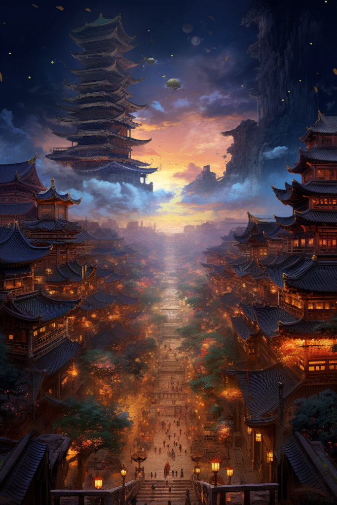 古风素材古韵金线城市建筑插画