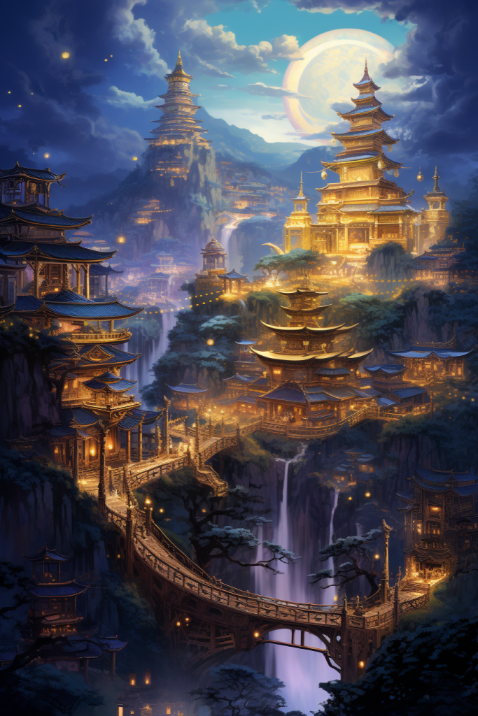 古代高楼古风古韵金线城市建筑插画