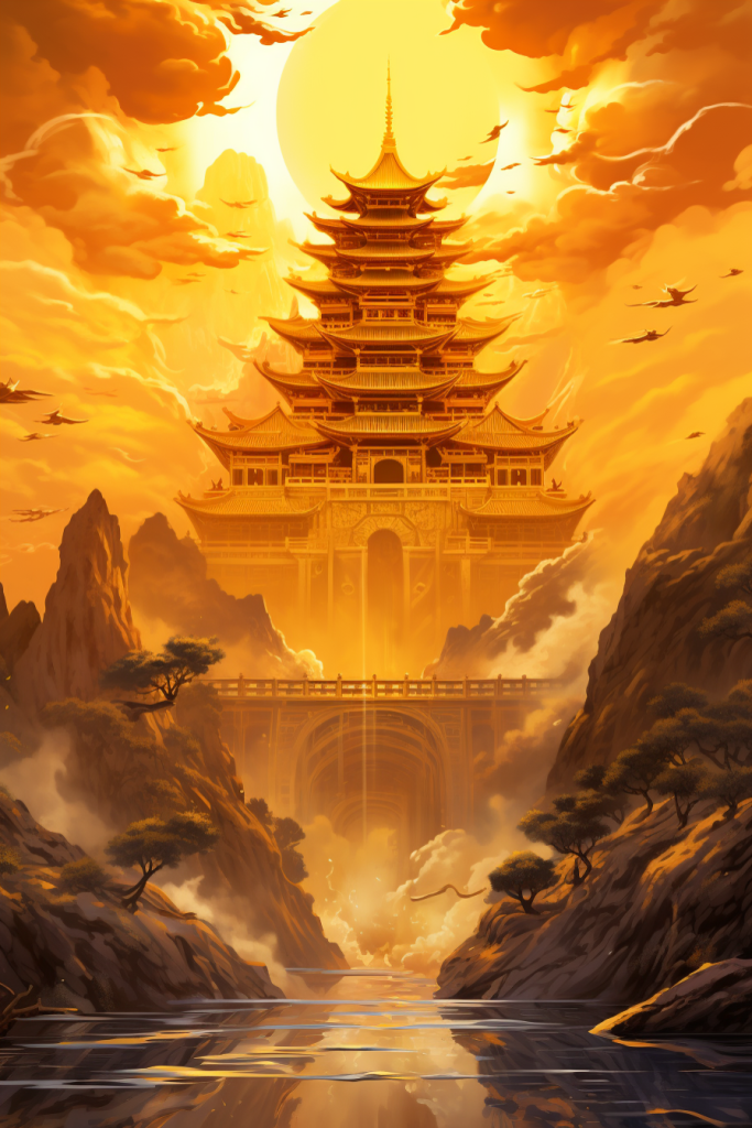 高楼古风古韵金线城市建筑插画