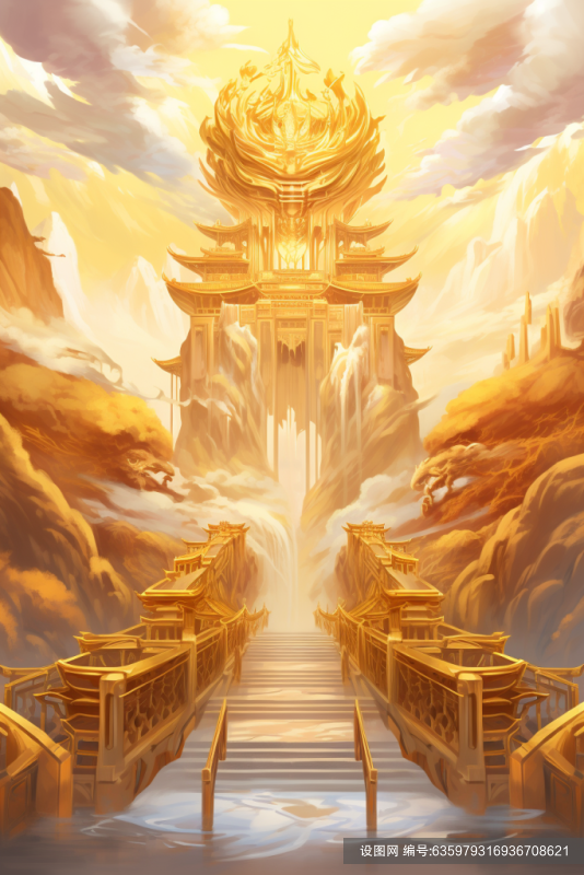 云雾缭绕古风古韵金线城市建筑插画png下载_编号635979316936708621-设图网