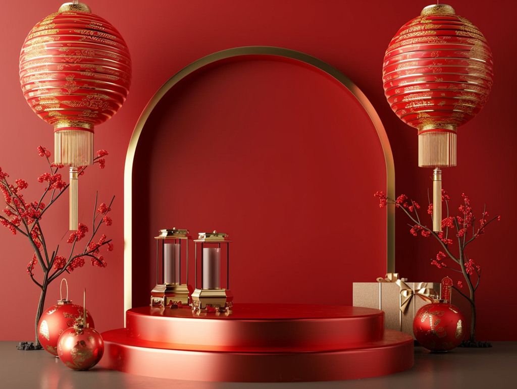 中国风红色新年喜庆电商展示台