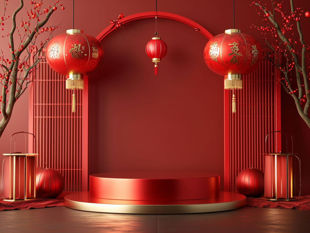 中国风红色新年喜庆电商展示台