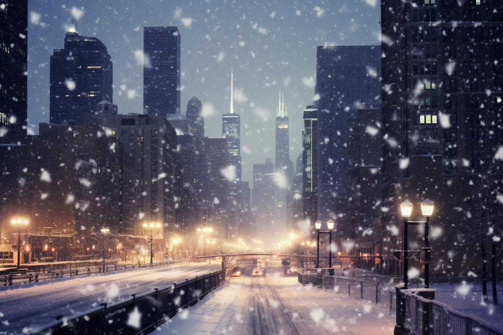 白雪雪景下的城市摄影图