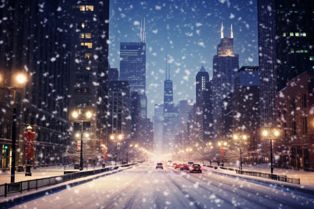 白雪雪景下的城市摄影图