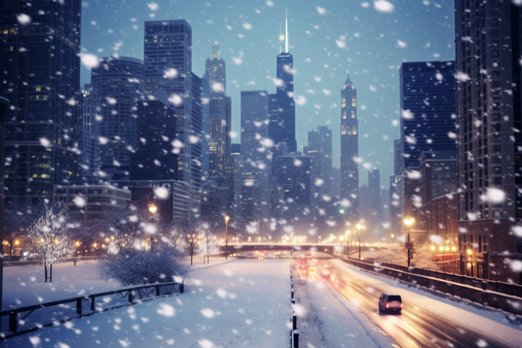 白雪雪景下的城市摄影图