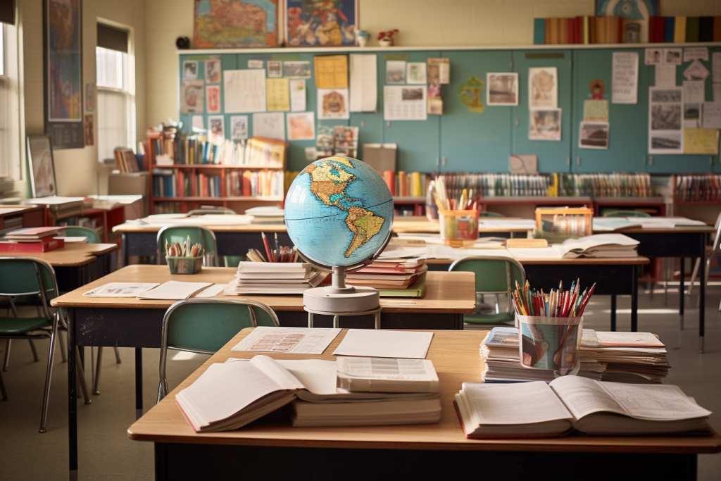 学生时代教室课桌椅场景摄影图