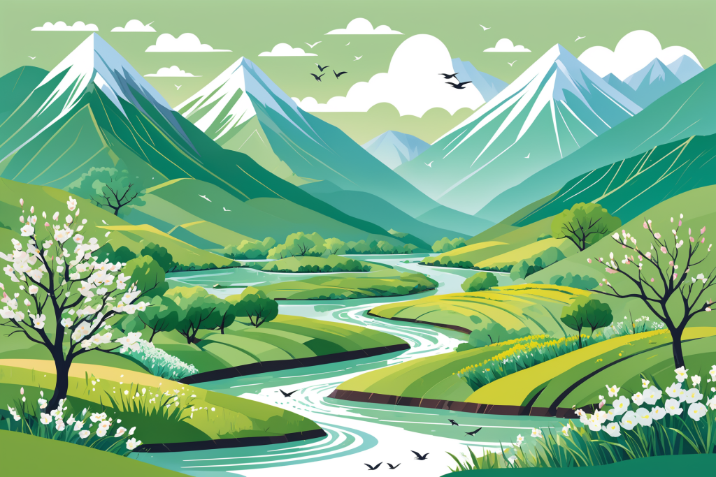 自然天空山峰春季植物绿色插画背景图