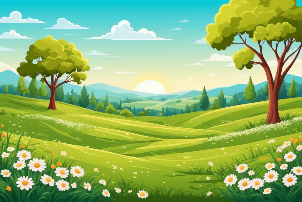 树木春景草坪插画背景图