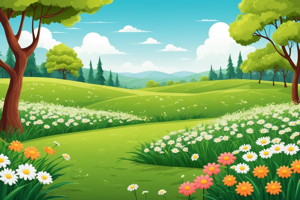 花丛草坪晴空插画背景图