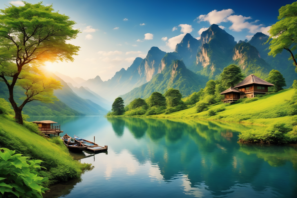 创作山峦湖泊创意美景植物湖面山川插画图片