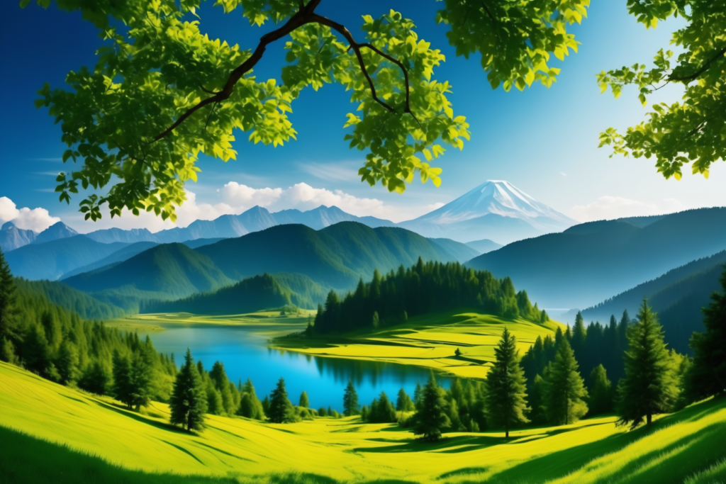 湖泊创意美景植物湖面山川插画图片