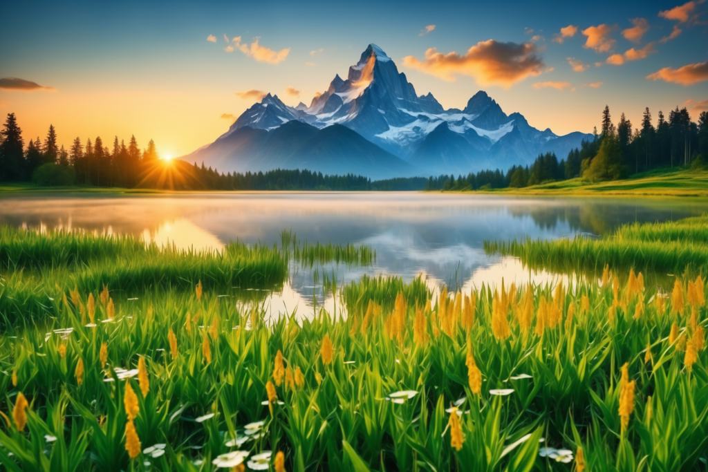 湖泊创意美景植物湖面山川插画图片