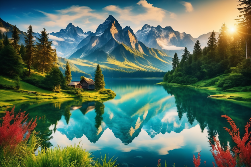 美景植物湖面山川插画图片