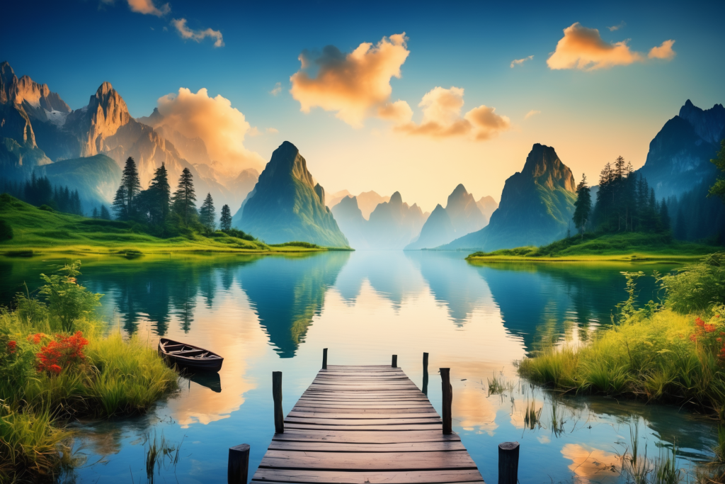 美景植物湖面山川插画图片