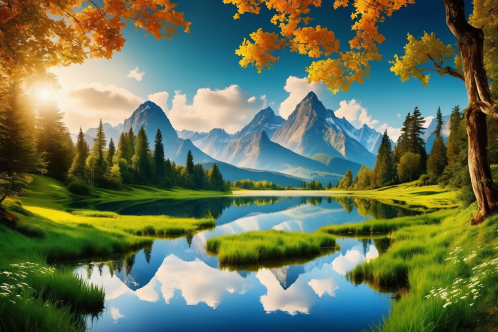 美景植物湖面山川插画图片