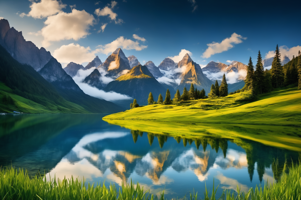 植物湖面山川插画图片