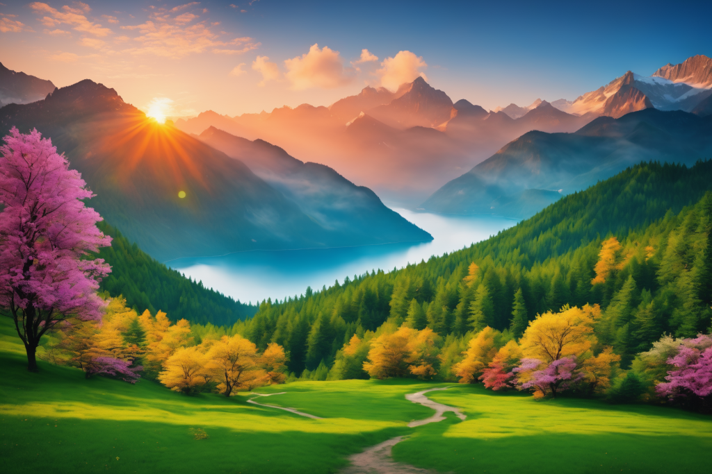 晴空草坪画作山峰场景插画图片