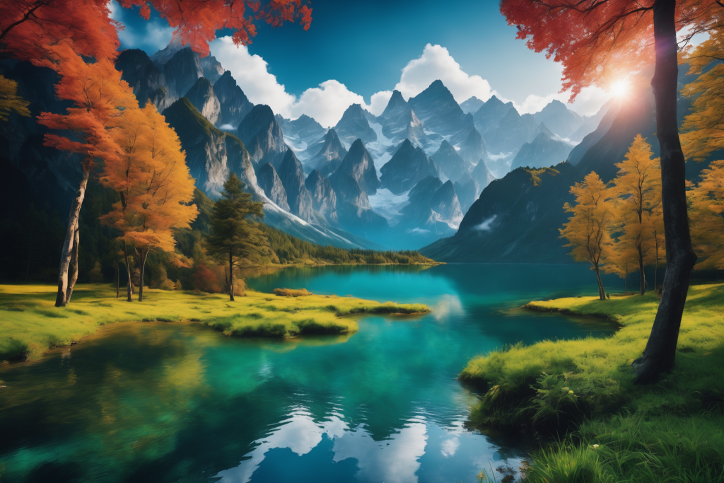 晴空草坪画作山峰场景插画图片