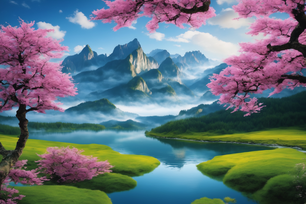 晴空草坪画作山峰场景插画图片