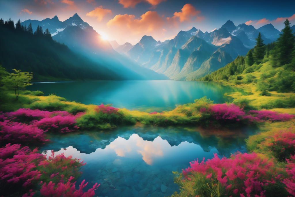 晴空草坪画作山峰场景插画图片