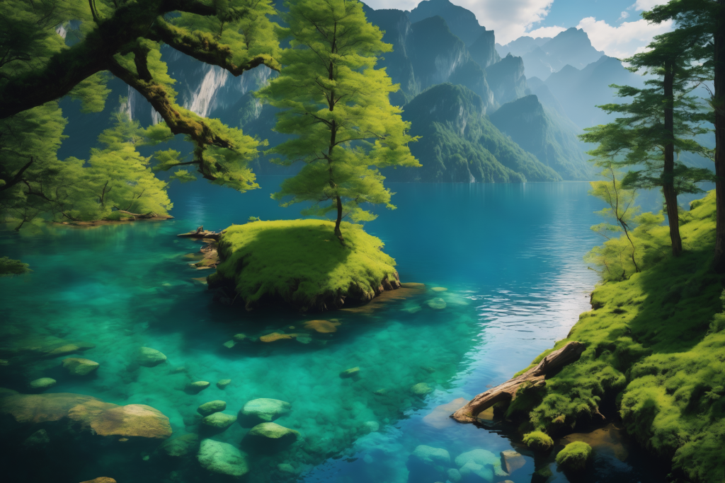 场景湖面云朵美景湖水景色天空山峦插画图片