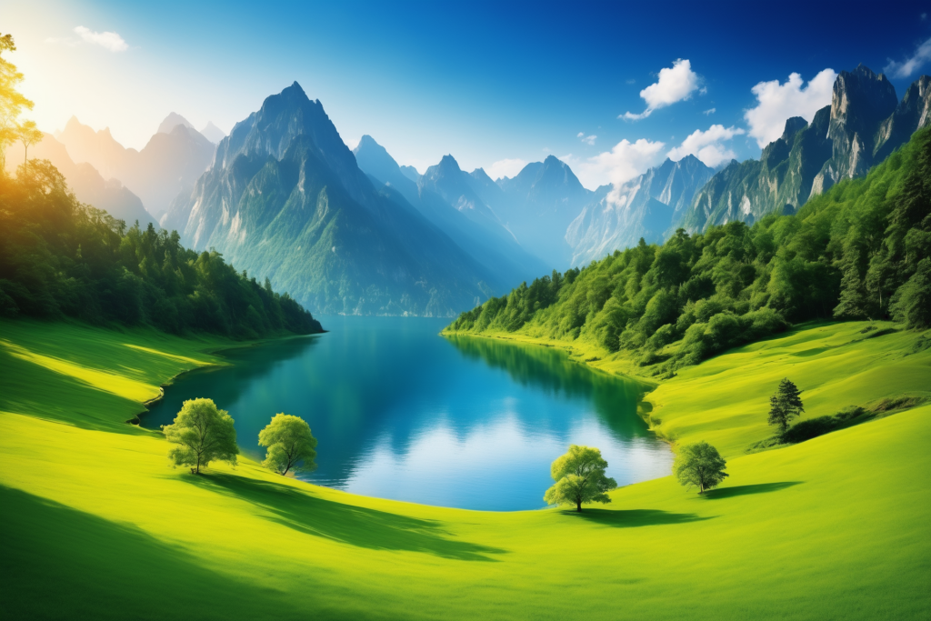 云朵美景湖水景色天空山峦插画图片