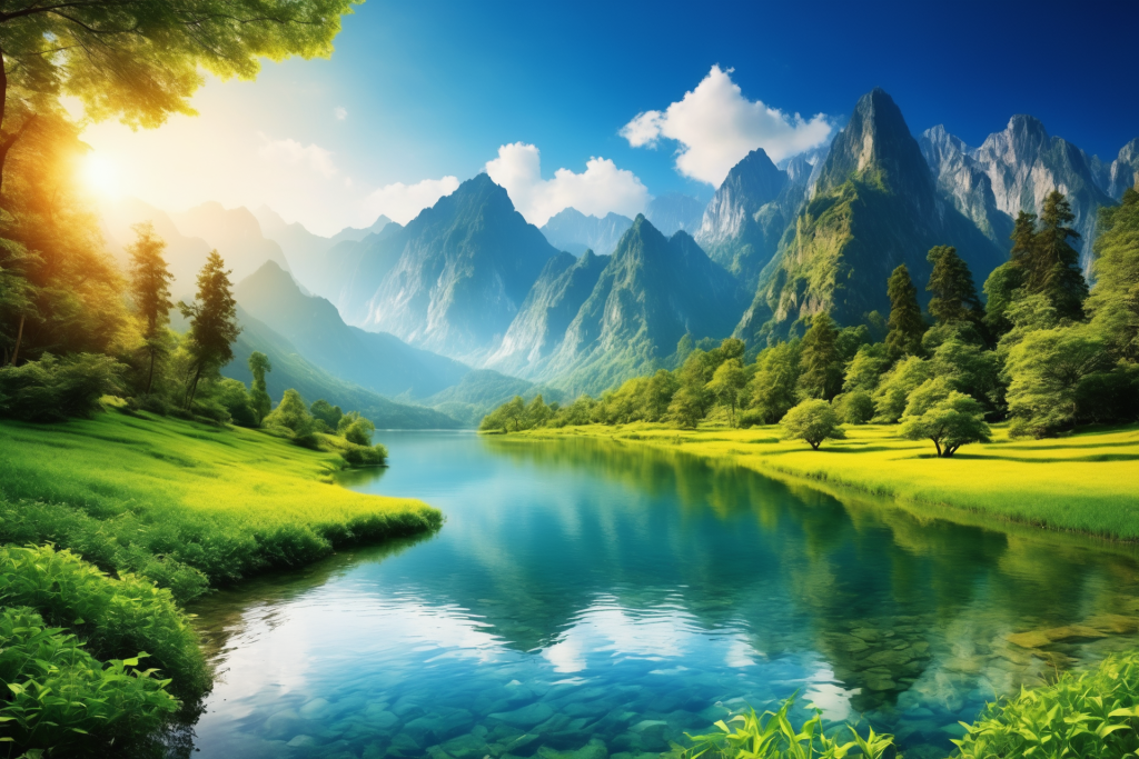 湖水景色天空山峦插画图片