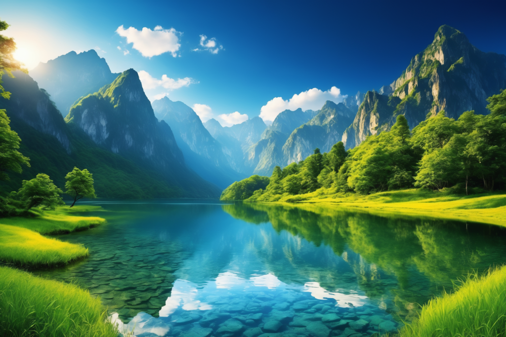 山峦晴空画作创作植物湖面美景湖水插画图片