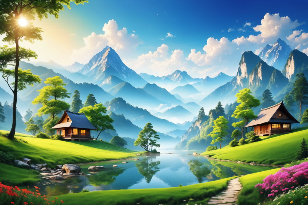 草地天空云朵插画图片