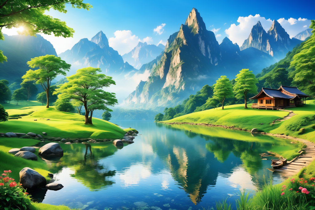 云朵草坪山峰创作美景画作湖水风景插画图片