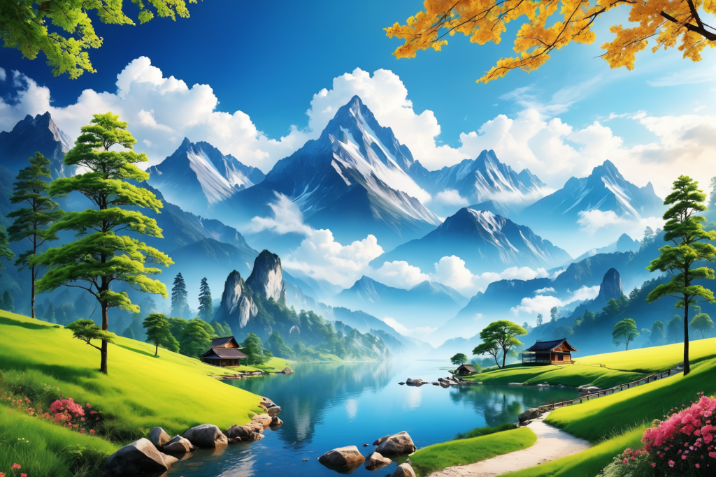 云朵草坪山峰创作美景画作湖水风景插画图片