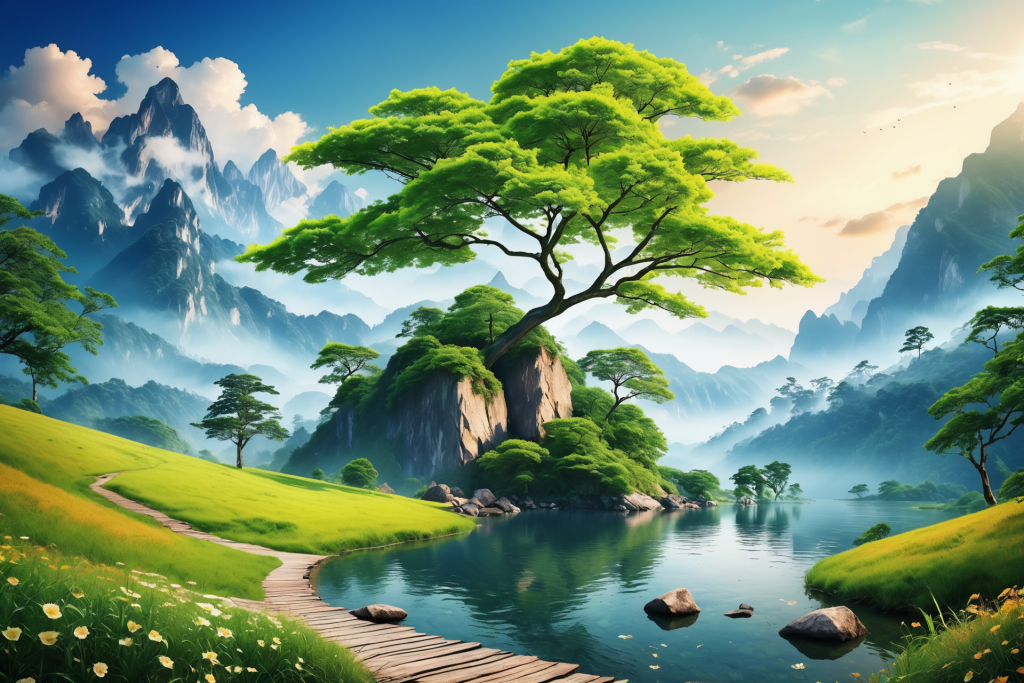 山峰云朵美景插画图片