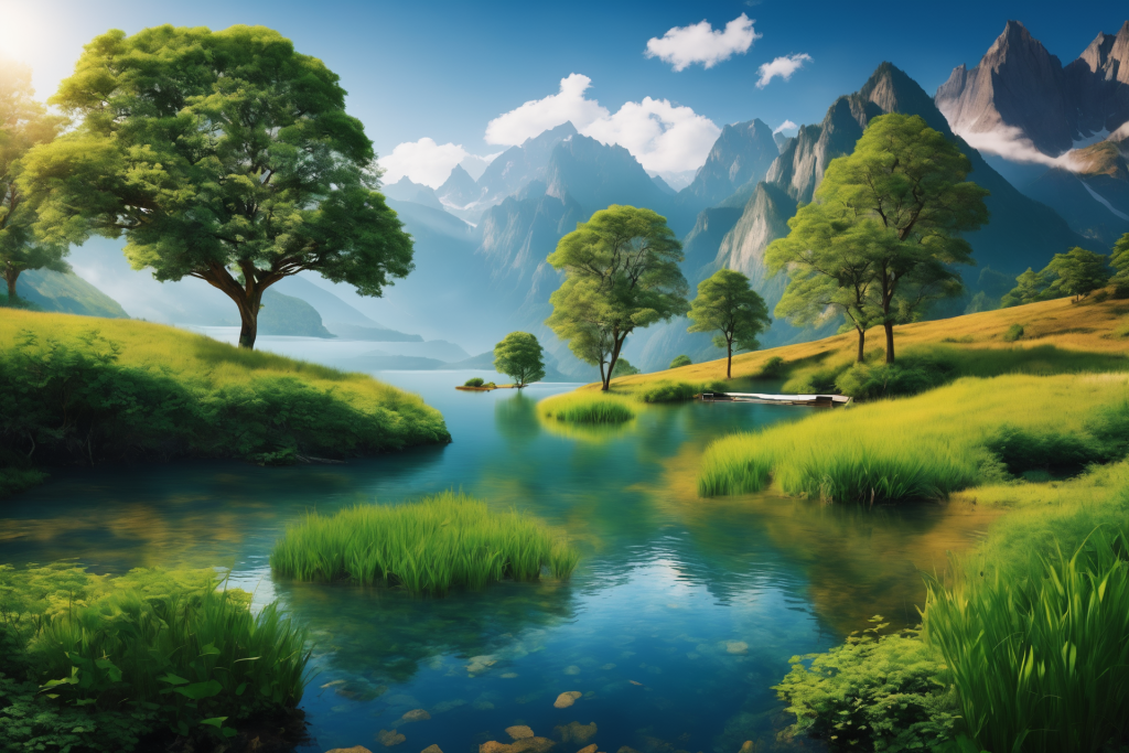 场景创作湖面天空景色草坪插画图片