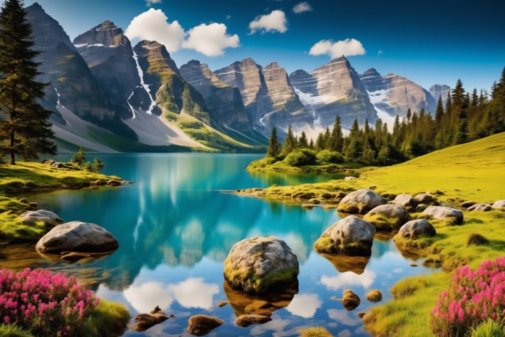 湖面天空景色草坪插画图片