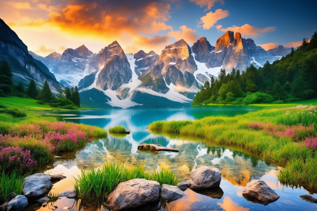 草坪山峰云朵艺术草坪植物山川美景插画图片