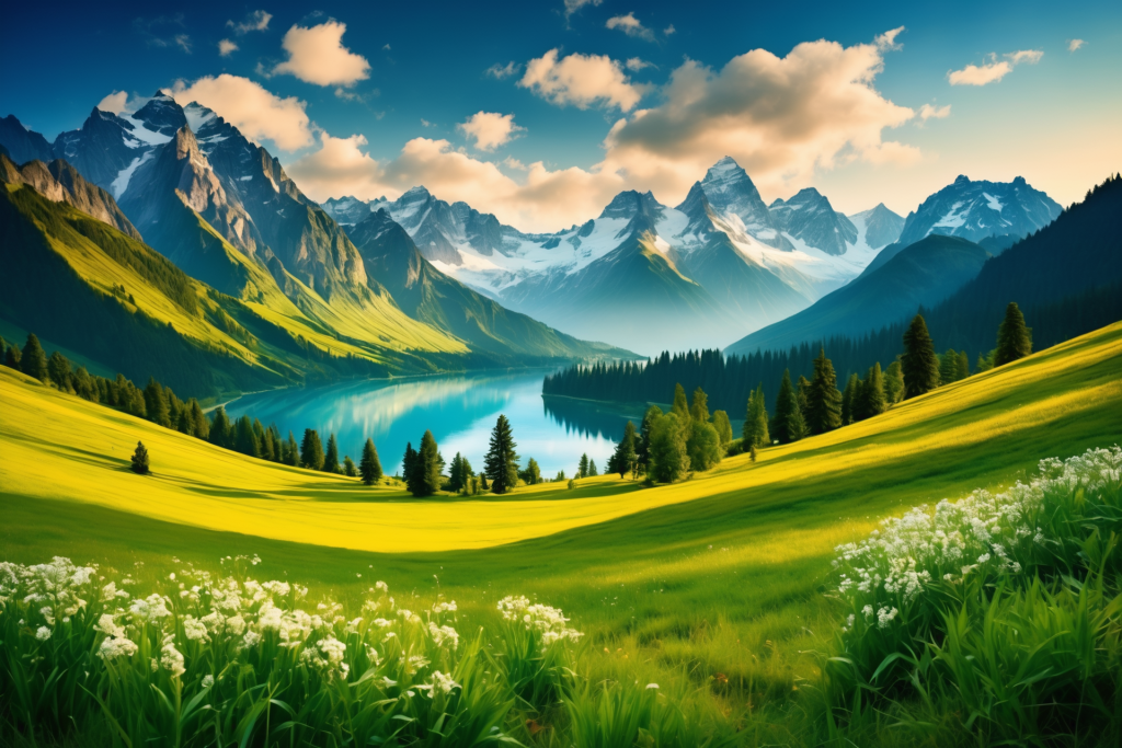 山峰云朵艺术草坪植物山川美景插画图片