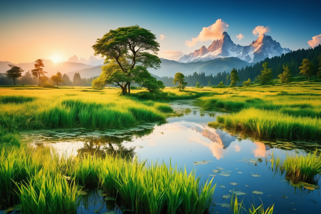 云朵艺术草坪植物山川美景插画图片
